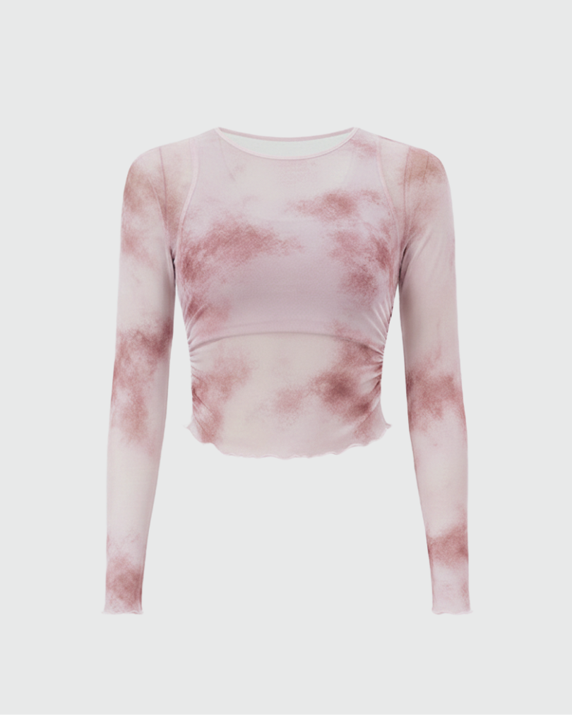 Лонгслив из сетки в технике tye-die с встроенным топом