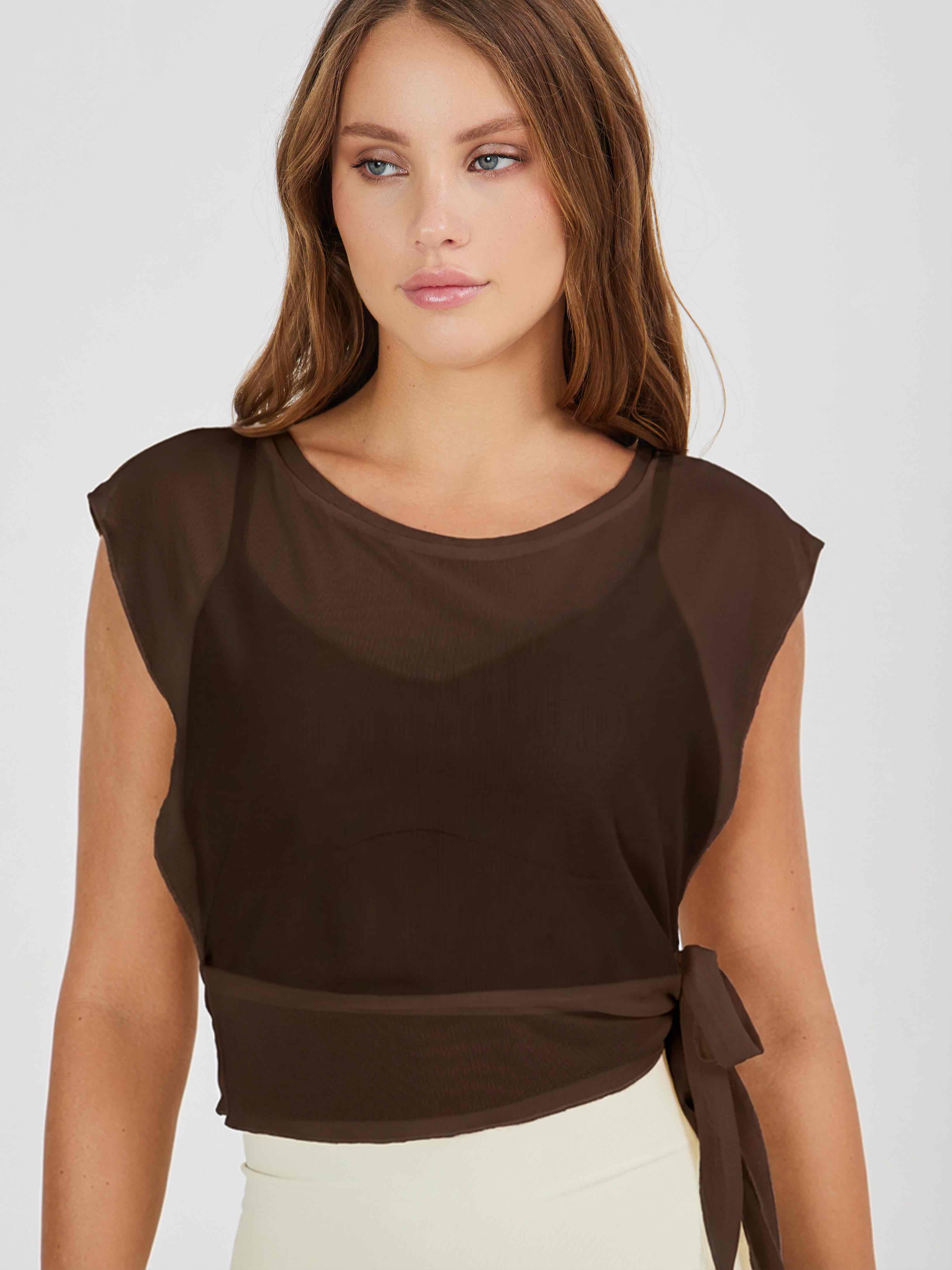 Майка без рукавов из сетки на завязках с внутренним топом