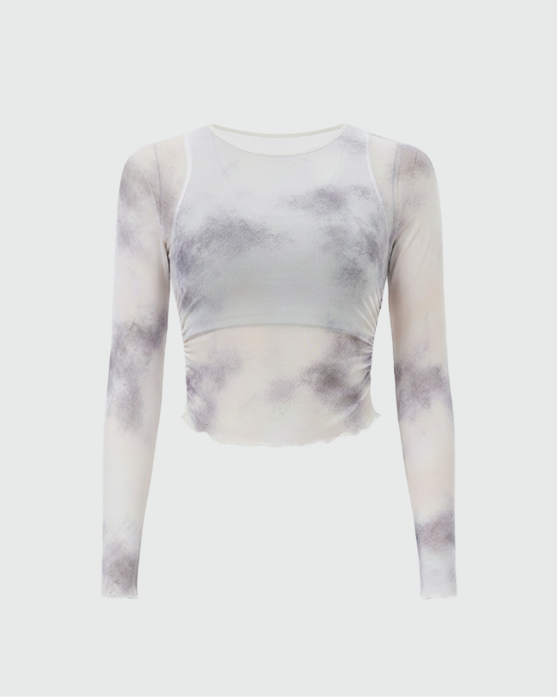 Лонгслив из сетки в технике tye-die с встроенным топом