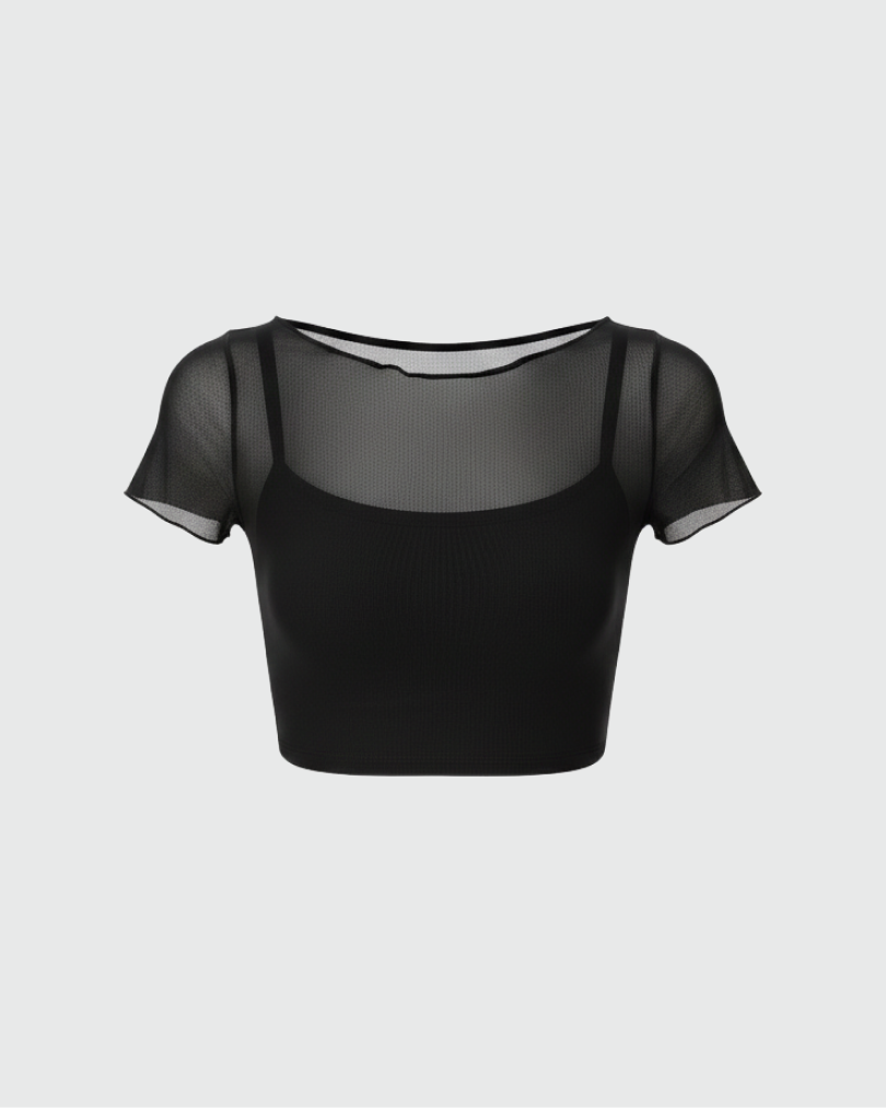 Укороченная футболка из сетки с внутренним топом