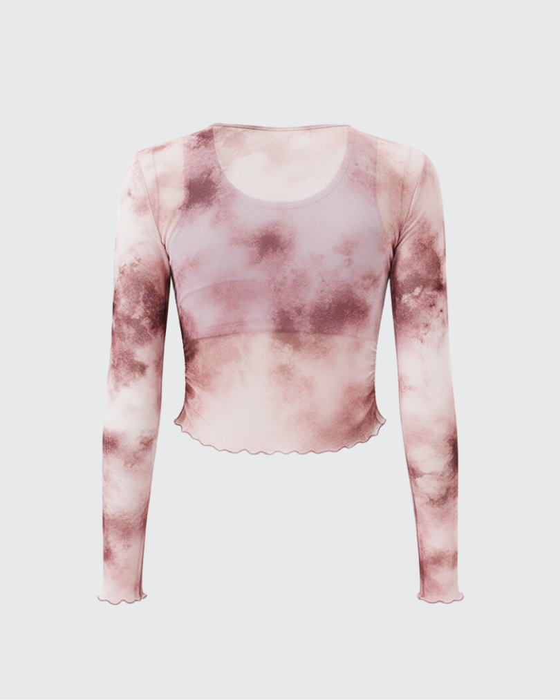 Лонгслив из сетки в технике tye-die с встроенным топом