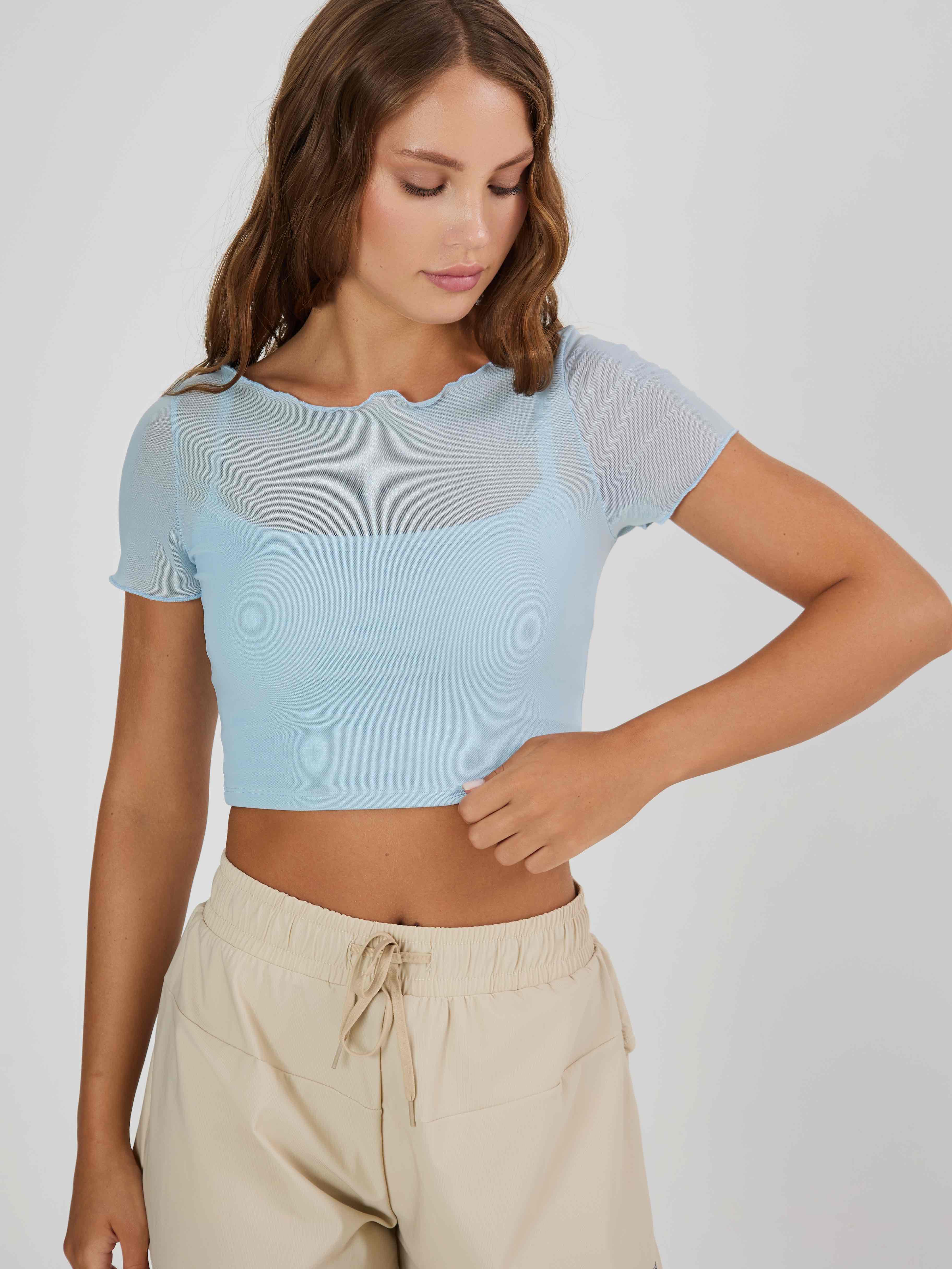 Укороченная футболка из сетки с внутренним топом