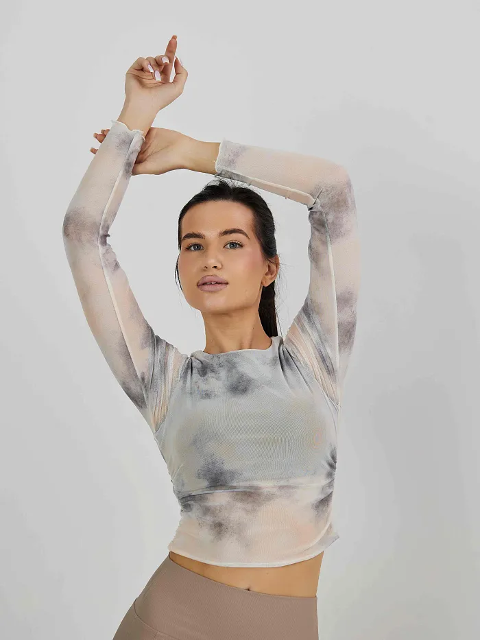 Лонгслив из сетки в технике tye-die с встроенным топом